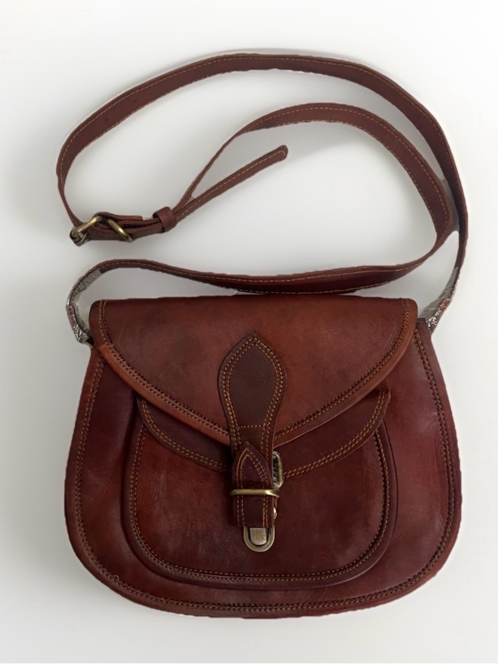 Handmade Full Grain Leather Crossbody Bag Brown Goat Leather Vintage Style NWOT